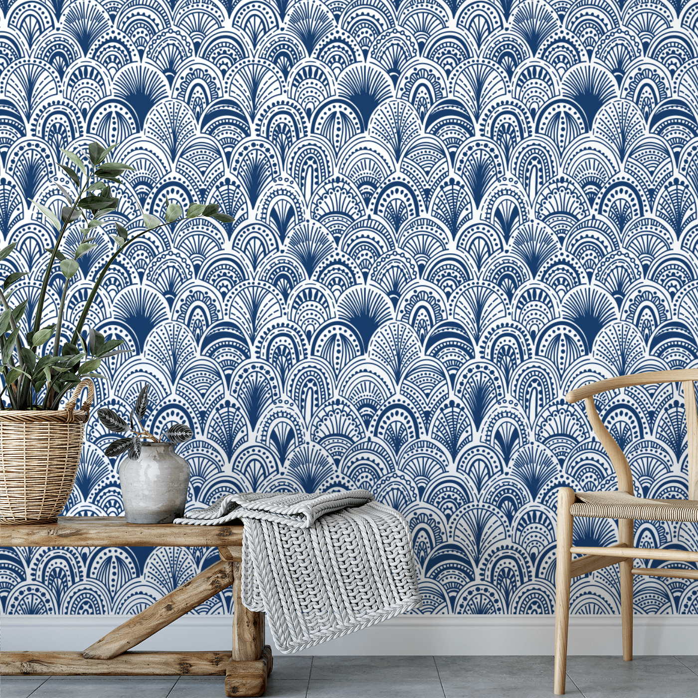 MODERN LARGE SCALE FLORAL BLUE AND WHITE PEEL AND STICK WALLPAPER