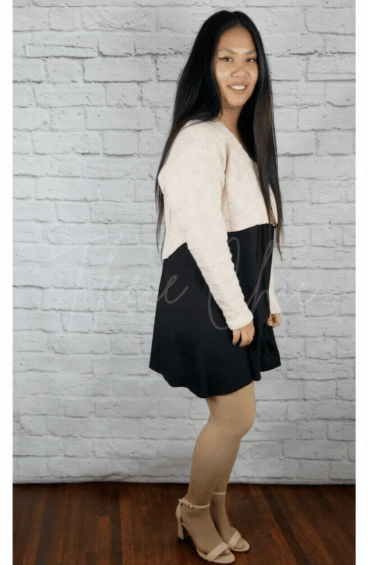 Opaque Tights that are tan are displayed in a gif of a woman playing with her dress and popping her heel - Fleece Chic