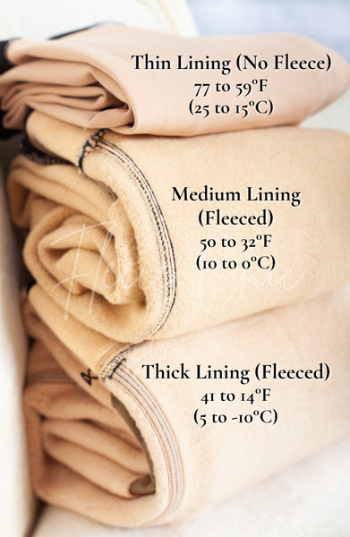 Fleece lined stirrup tights that look opaque are stacked on top of eachother to show off their lining thickness - Fleece Chic