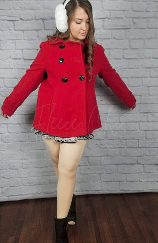 Beige fleece lined tights are worn by a woman in a red coat - Fleece Chic