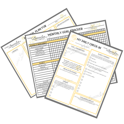 Three printables from the How to Adult program by Living a Sweeter Life are arranged, to include a meal planner, monthly goal tracker, and day planner.