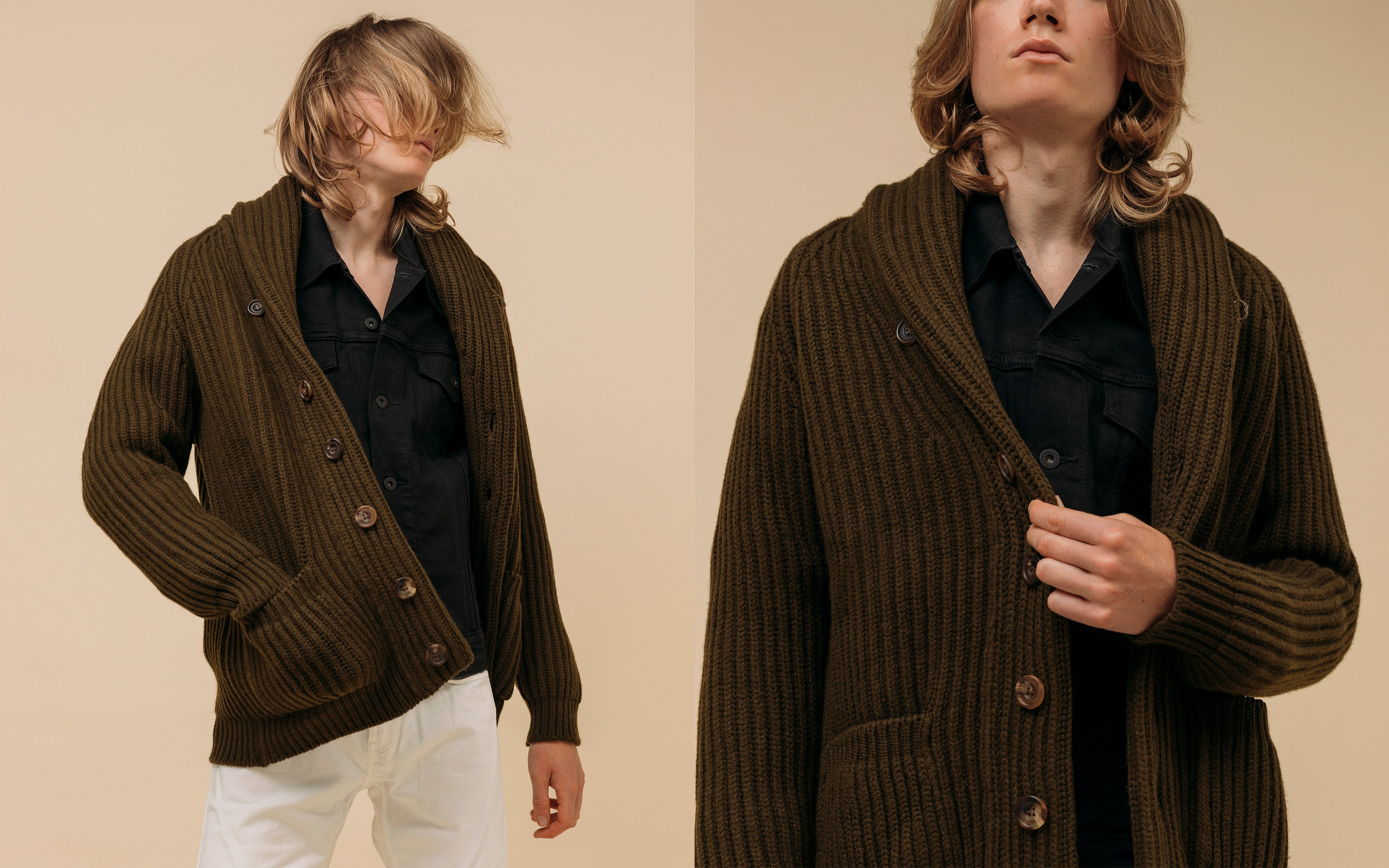 Superfine lambswool shawl collar cardigan in olive