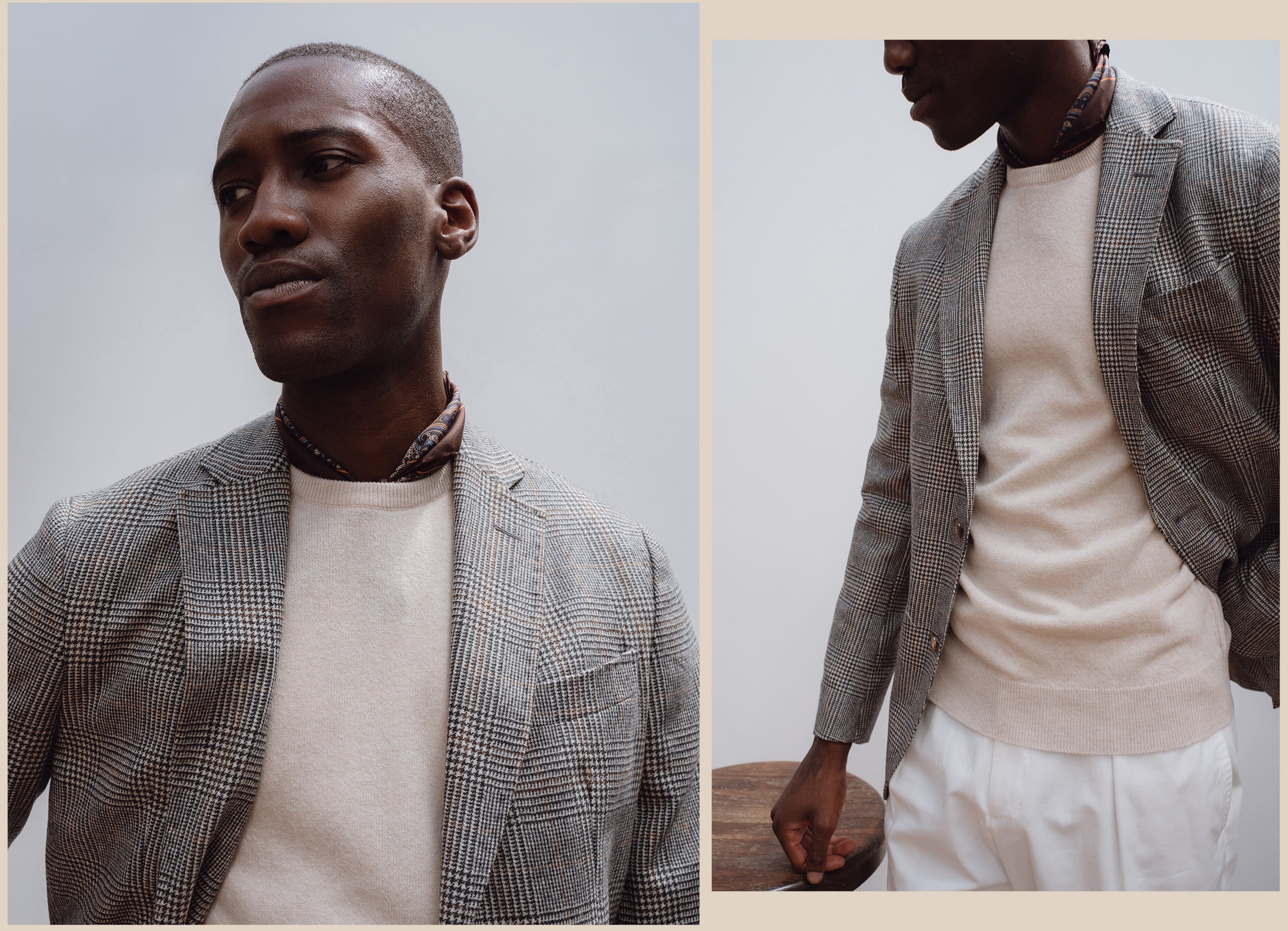 Oatmeal crew neck, with lighter white pleated trousers and light brown check sport coat