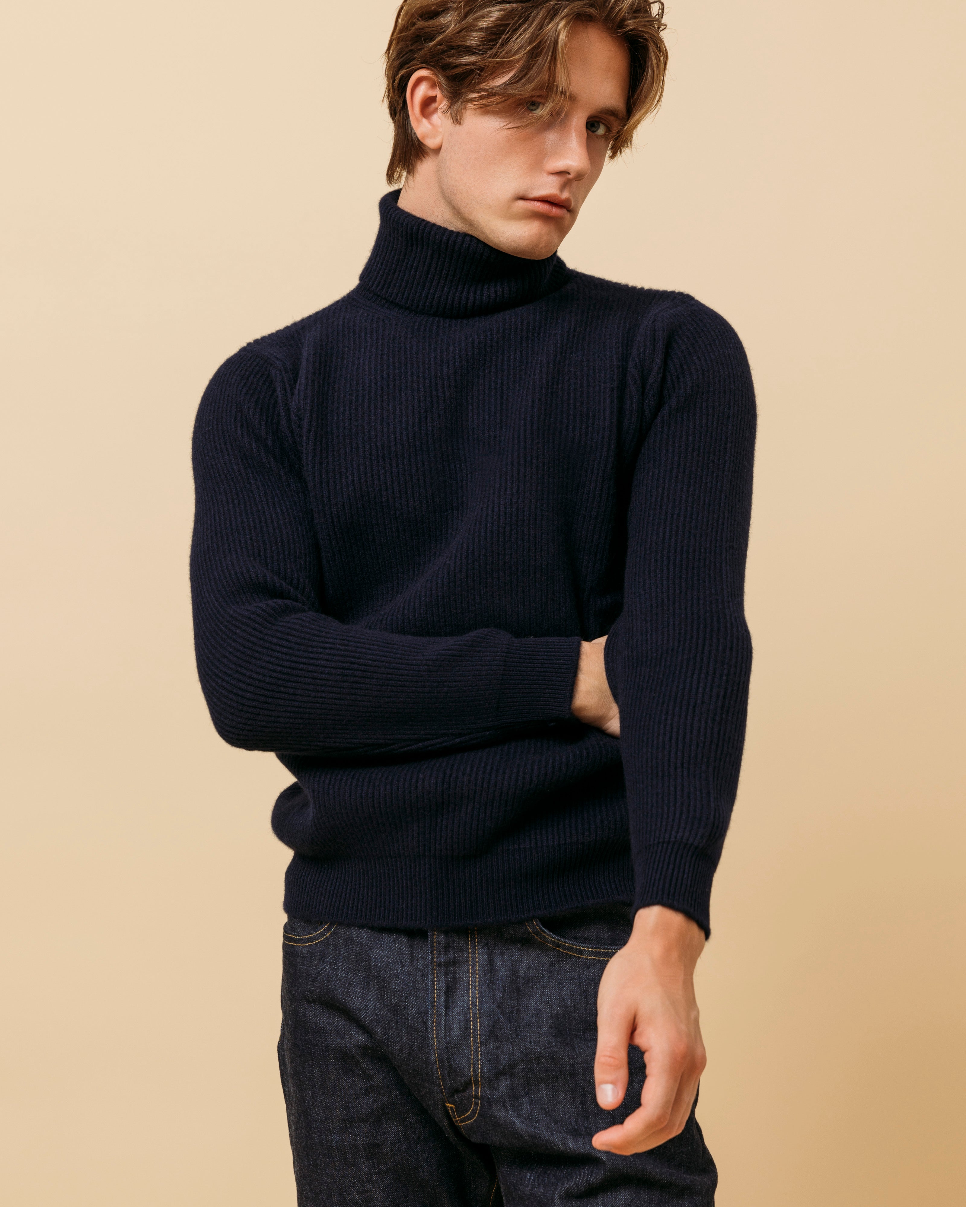 Cashmere ribbed submariner rollneck in navy – Colhay's