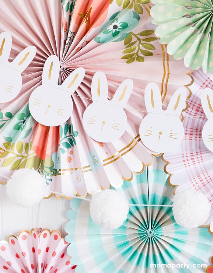 Bunny Banner with paper fans Easter Party backdrop Ideas by Momo Party