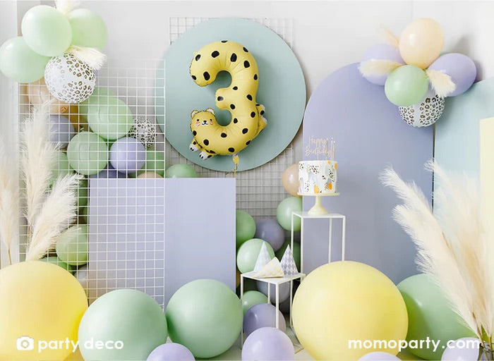 Cheetah Number Three Foil Balloon for kid's third birthday party celebration by Momo Party