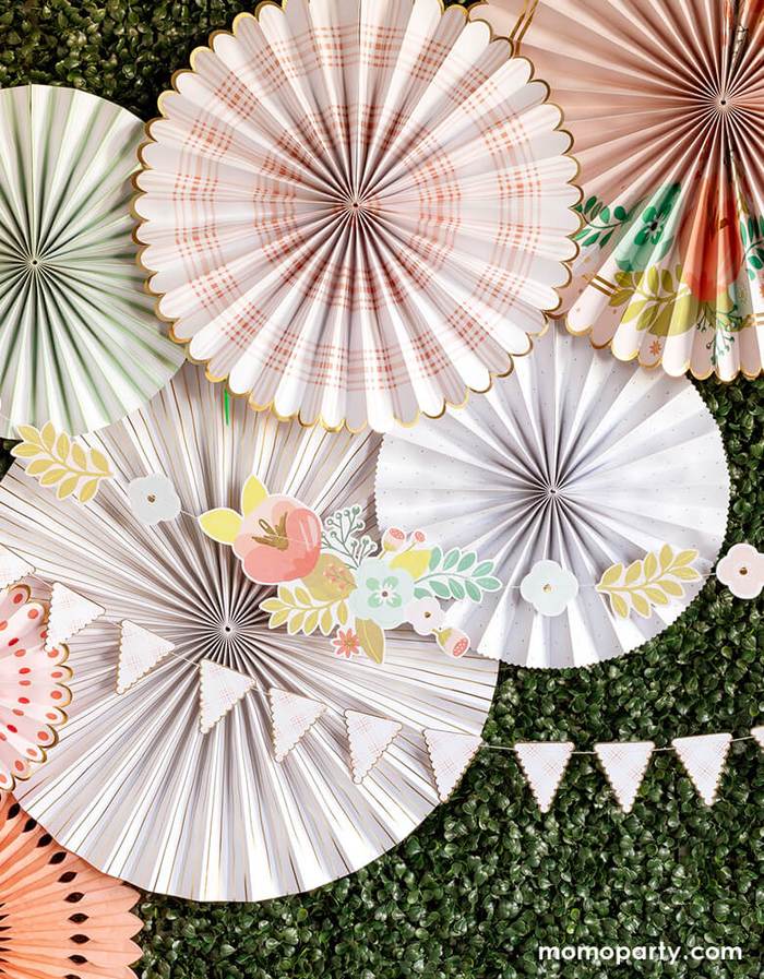 Garden Party Floral_Pennant Banner Set with paper fans Easter Party backdrop Ideas by Momo Party
