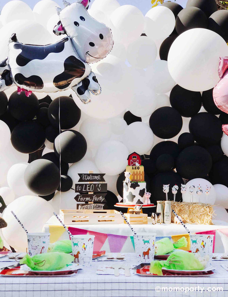 “Holy Cow I’m ONE!” Farm Themed First Birthday Party Ideas by Momo Party_Cow Foil Balloon on Balloon Wall