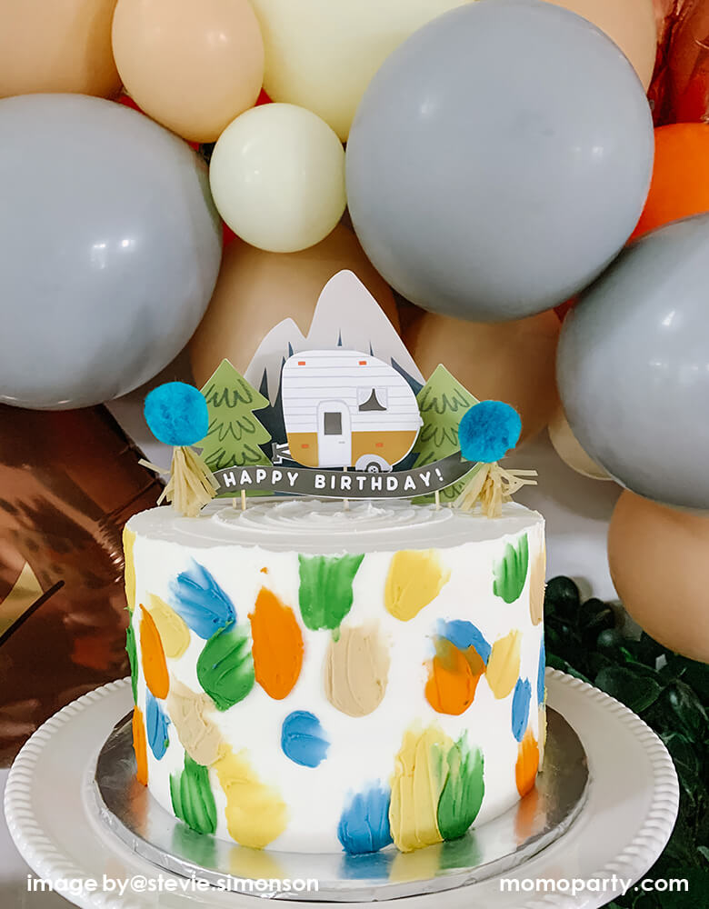 Kids Camping Party Birthday Cake Baby's One Happy Camper First Birthday Party by Momo Party