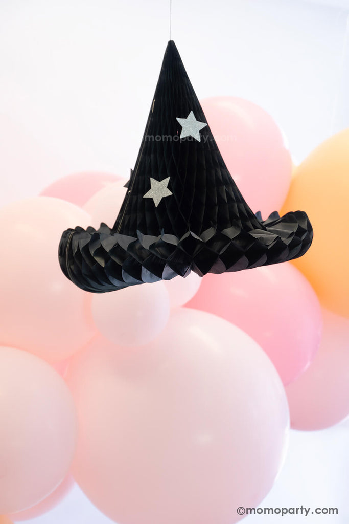 Momo Party's Hocus Pocus Pink Halloween Party Box features witch hat honeycomb decoration with an adorable pink balloon garland. Perfect for a girly not-so-spooky Halloween bash!