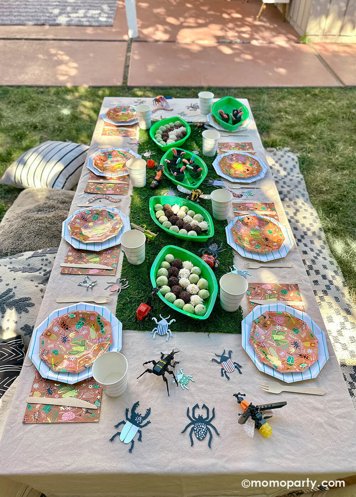 Momo-Party_Bug-Themed-Birthday-Party_Insect themed Kids Table with tableware and treats, snacks and decorations