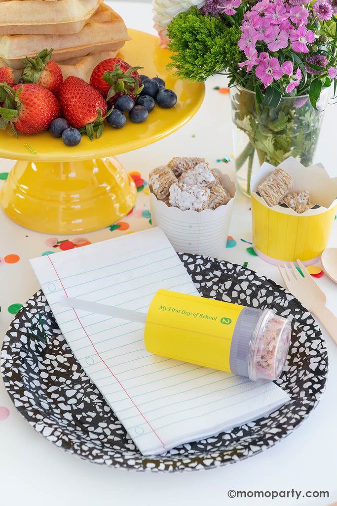 Momo-Party_First Day of School Breakfast Ideas_Back-to-School-Party_Table-Top-with-ART-SCHOOL-Black-Plates Chalk Pencil Food Cups