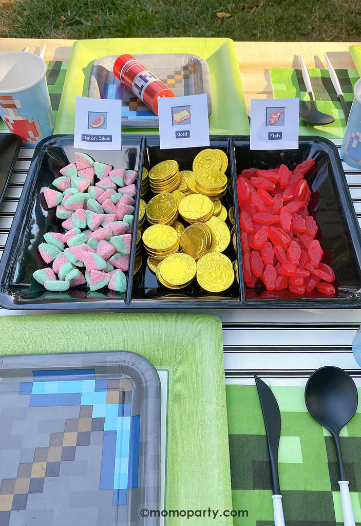 Close up shot of Minecraft themed Birthday Party Sweets and Party Snacks Ideas by Momo Party. A black dividing tray of chocolate coins for Minecraft coin, Swedish fish candy as fish, melon slice gummies as watermolen. Surrounding with Minecraft Twist Poppers layered on top of Minecraft themed party plates, pixel TNT theme goodie bags decorated the kids picnic table. 