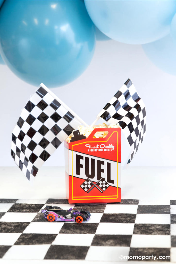 Momo-Party_Race-Car-Party_Fuel-Treat-Boxes with popcorn as Hot Wheels themed party snacks