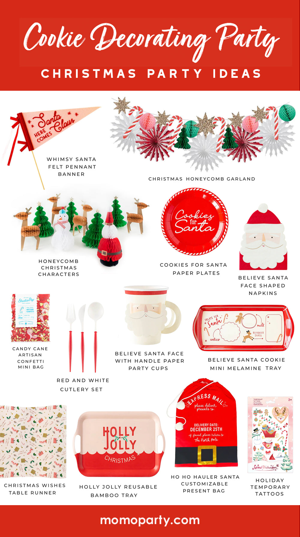 A guide featuring Momo Party's Holiday party supplies and decorations for a kid's Christmas cookie decorating party. Inspired by Santa and everything festive, these modern party supplies including plates, party cups, serving trays, napkins and garlands will be perfect for your holiday gathering this season.