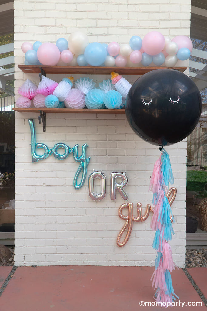 Momo Party_Gender-Reveal_Wall Decoration Boy-or-Girl Letter Foil Balloons & Jumbo Gender Reveal Confetti Balloon with Tassel