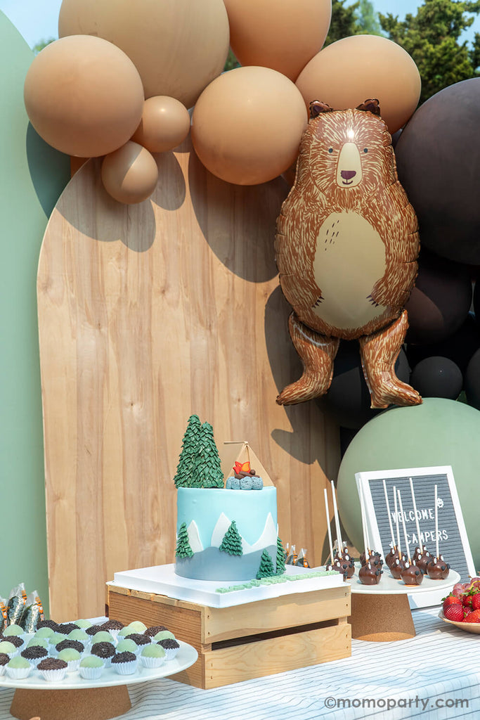 “ONE Happy Camper” Camping Themed First Birthday_Momo Party_Party Backdrop with bear balloon