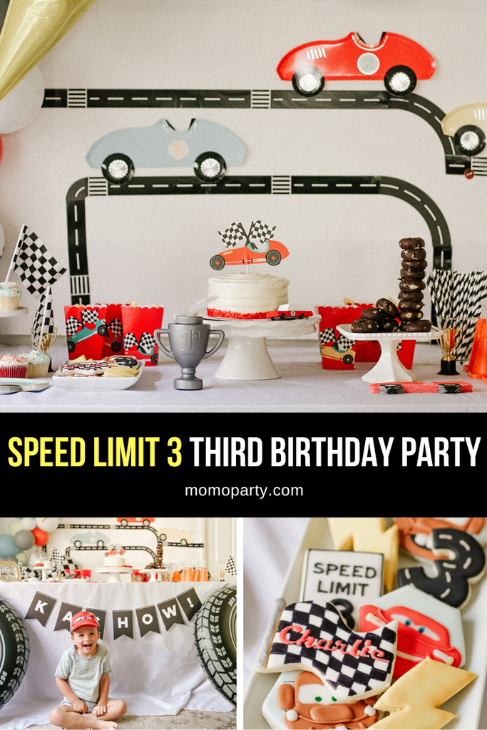 Speed Limit 3 Grand 3 Third Lap Kid's Race Car Themed Third Birthday Party Ideas by Momo Party