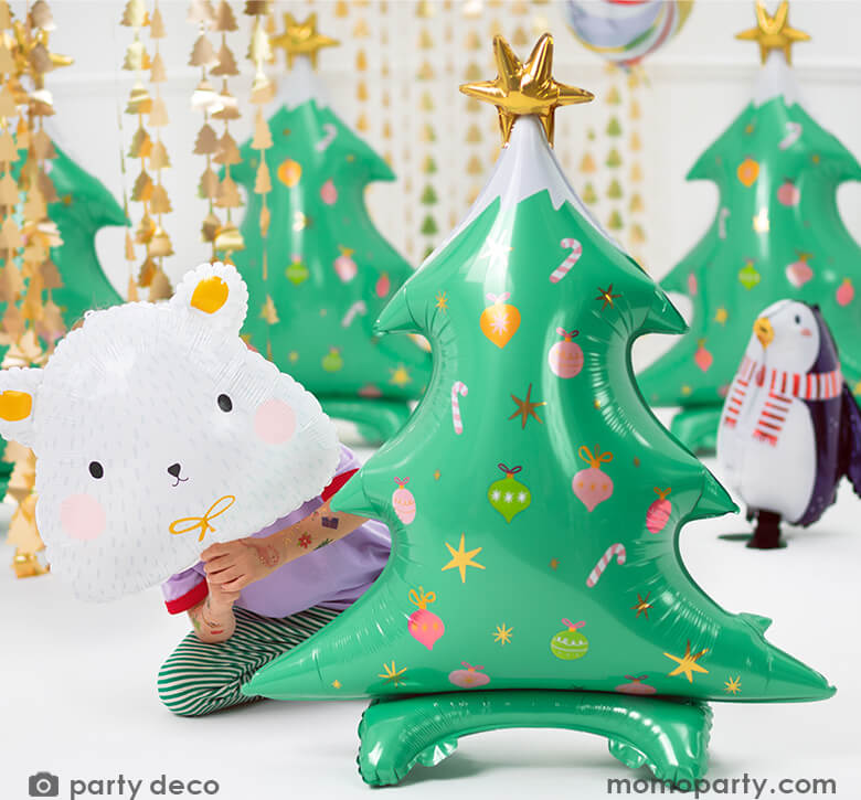 Standing-Christmas-Tree-Foil-Balloon-with-Polar-Bear-Foil-Mylar-Balloon