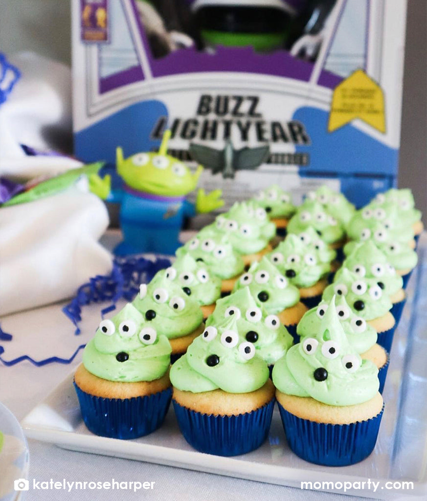 Two Infinity and Beyond Second Birthday Party Ideas_Toy Story Alien Cupcakes_Momo Party