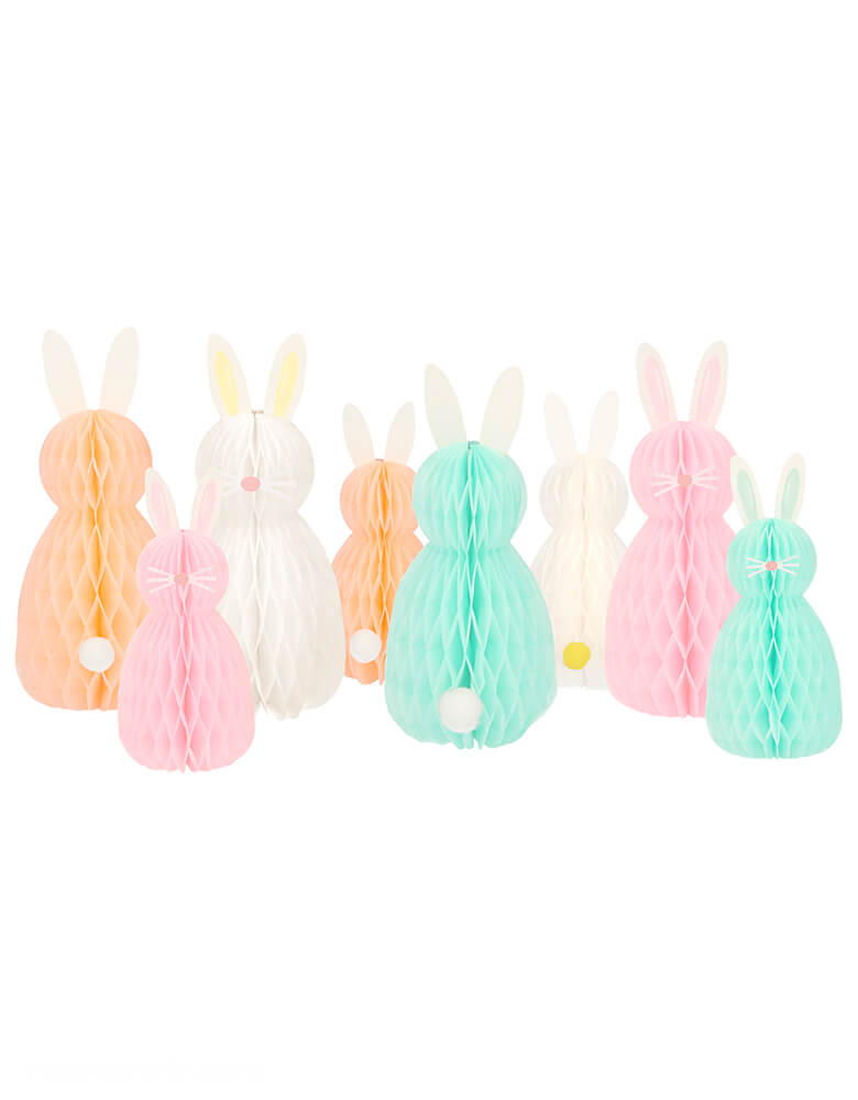 Pastel Easter bunnies tossed with Spring floral and fern in pink, teal and  yellow printed on 7/8 white single face satin ribbon, 10 yards