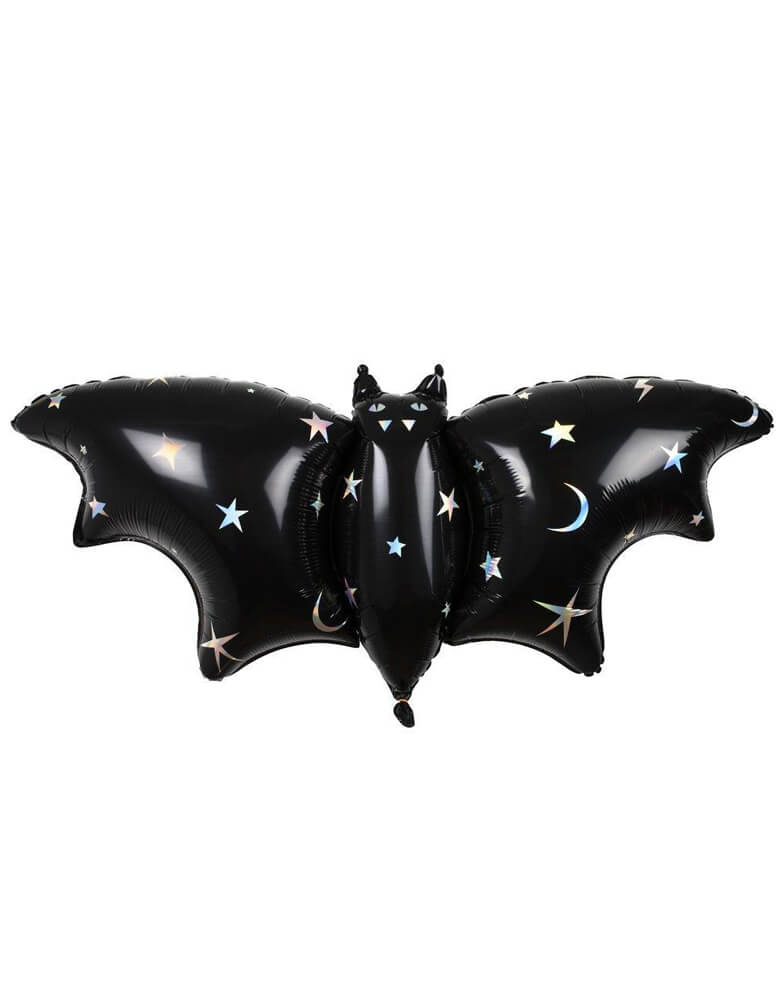 Meri meri Sparkle Bat Foil Balloons, Pack of 3 bats balloons, Featuring silver holographic foil detail, they'll add a scary shimmering touch wherever you hang them. These balloons are perfect for a Kid-Friendly modern spooky halloween party, trick-or-treating halloween party, nightmare before christmas party, witch themed party and all halloween related celebrations