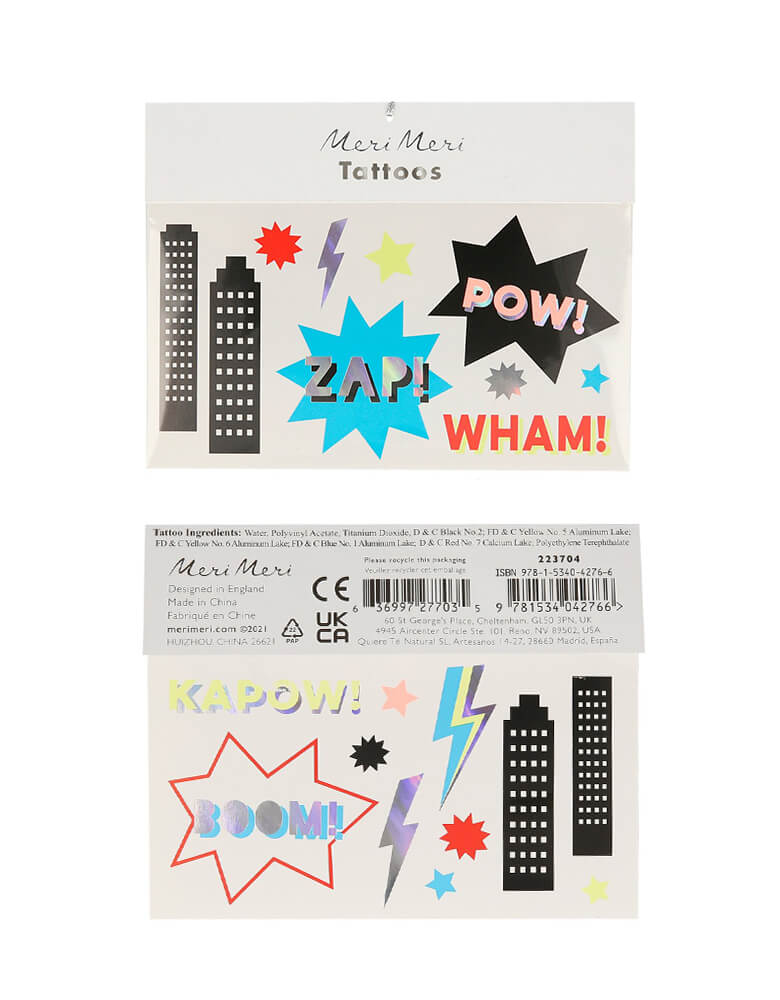 Meri Meri Superhero Tattoos. Featuring fabulous superhero themed illustrations with bright neon colors and shiny silver foil. Perfect for party activities or cute party favor for kids' superhero themed birthday party