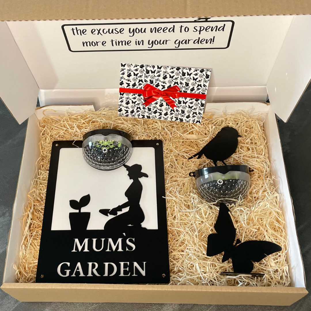 Inside the Mother's Day Gift Set - beautifully packaged and includes a Solar Wall Plaque, Small Robin Solar Light, Butterfly Fence Topper and Gift Note