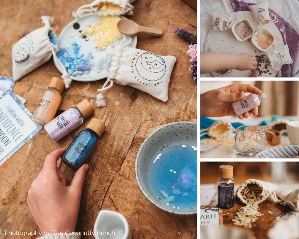 Collage of images all showing potion ingredients. Large image showing liquid sparkly bottles in Blue, purple and Gold.