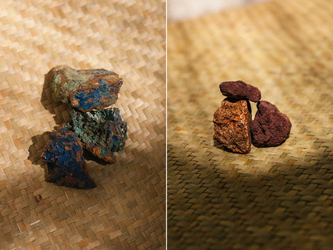(Kiri | Batuan Malachite dan Azurite dari Kebumen  Kanan | Batuan dari Bangka Belitung)