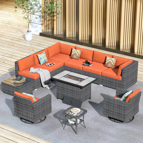 Ovios Patio Furniture 11-Piece Outdoor Sectional Sofa Set with Wicker Rocking Swivel Chairs and 42.12'' Fire Pit