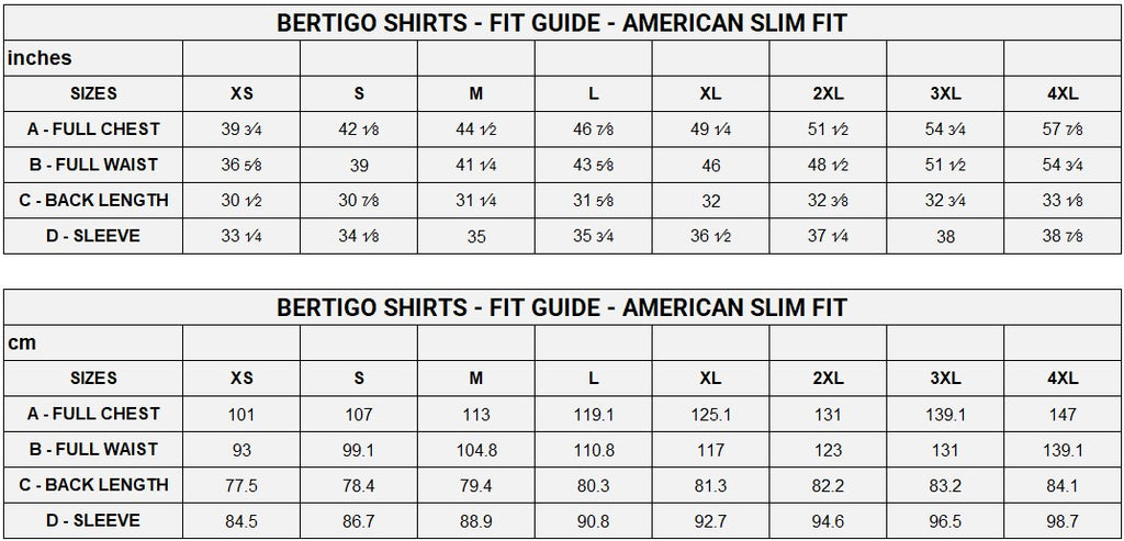Bertigo Size Chart - Shirts – Men Fashion