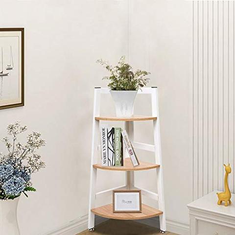 3-Tier Wood Free Standing Corner Shelf with Metal Frame Oak & White