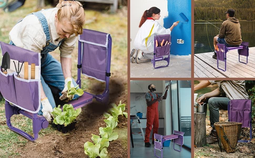 Garden Widen Kneeler Seat Bench Folding Portable Gardening Stools with EVA Foam Kneeling Pad and 2 Detachable Tool Pouch, Purple