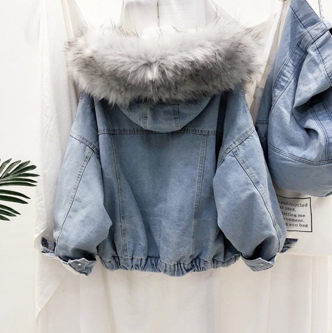 denim jacket with fur hood