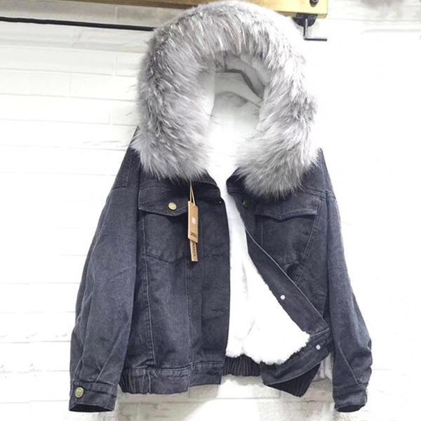 jean jacket with gray hood