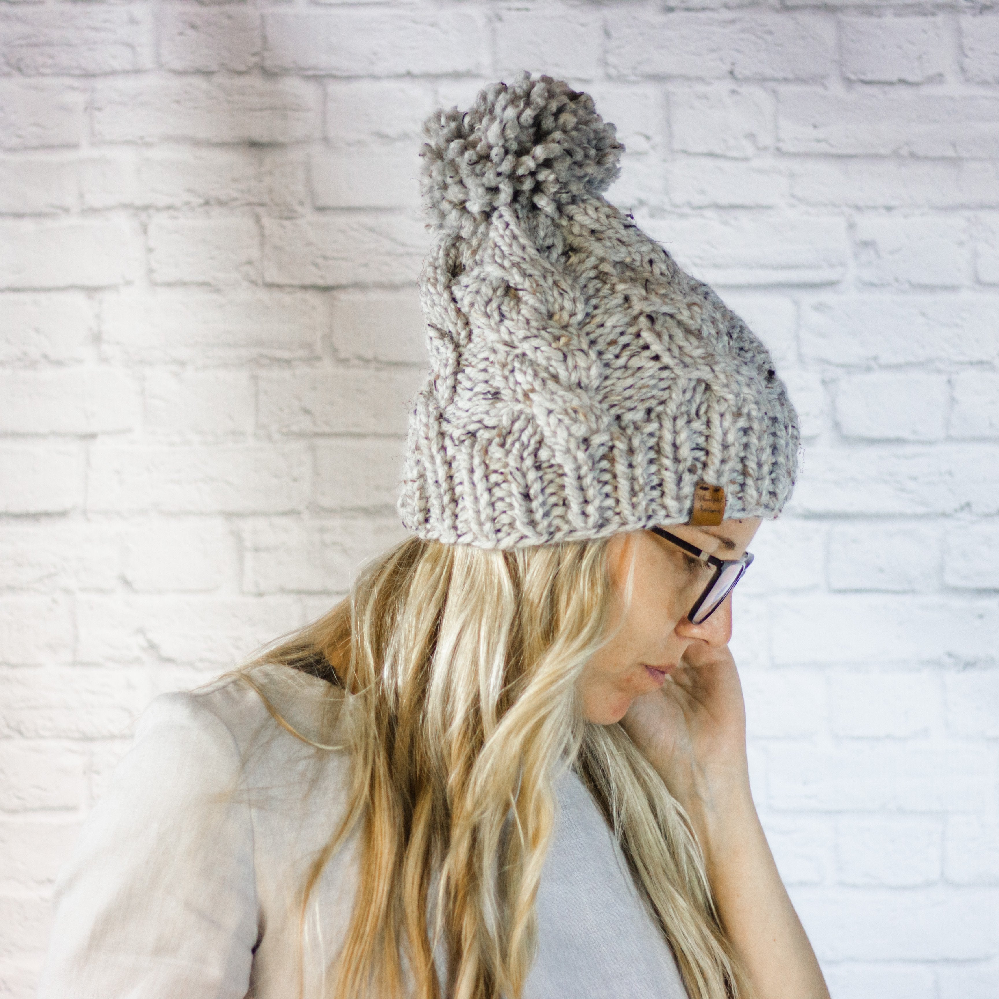 Cream Chunky Cable Knit Cabled Pom Pom Beanie Hat for Women