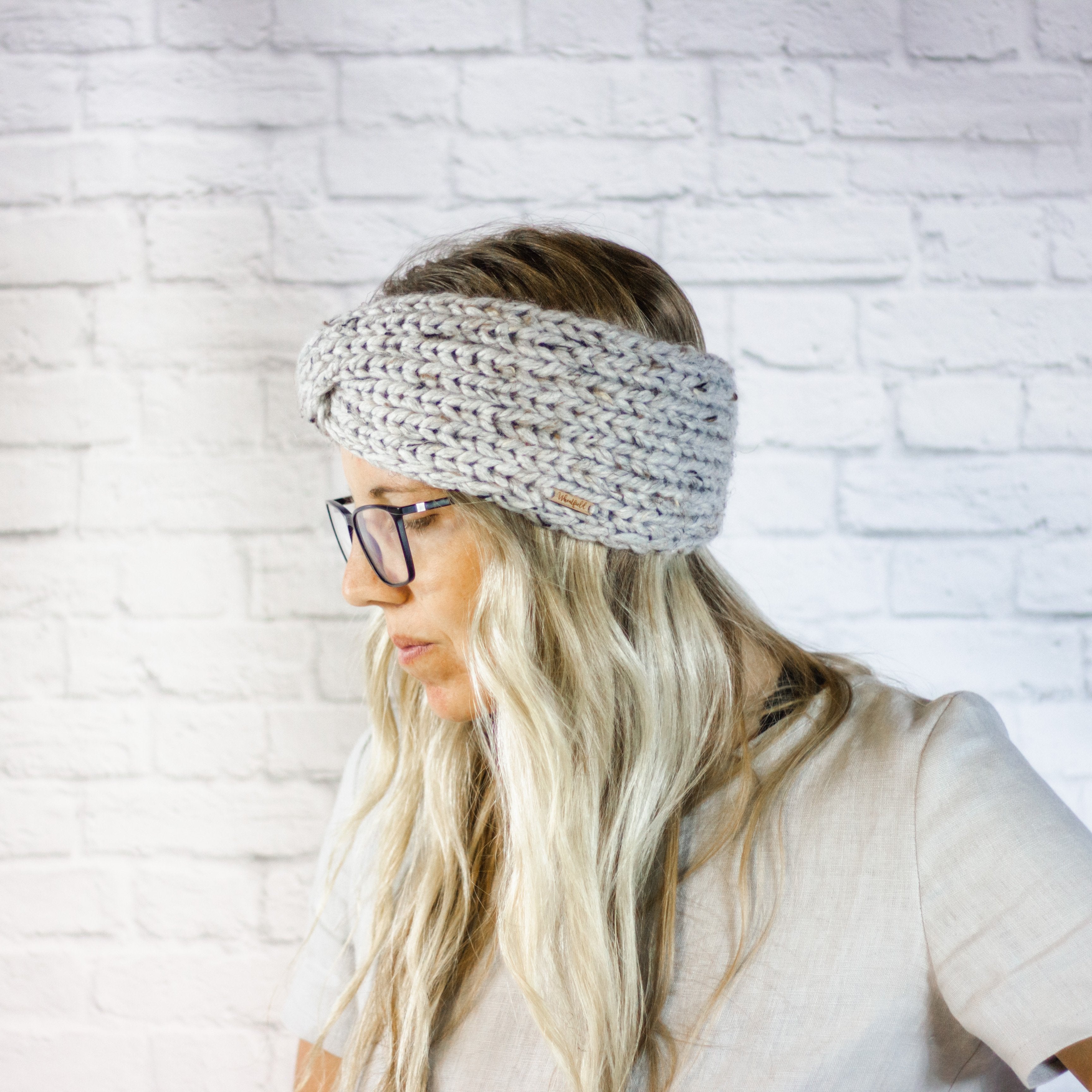 Ladies Extra Wide Cable Knit Button Ear Warmer Headband in Grey Marble