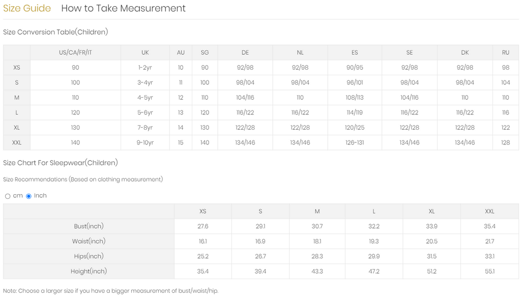 KIDS SIZE CHART