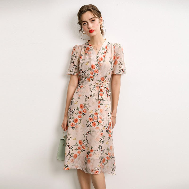 Glossy Silk Retro Floral Dress 100% Pure Silk Dress Short-Sleeves Dres
