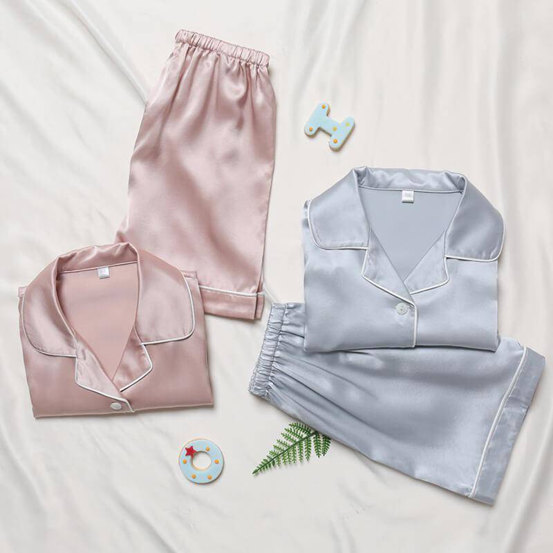 19 Momme Girls' Silk Pajamas Set with Trimming Kids Cute Silk Night Wear Shorts set -  slipintosoft