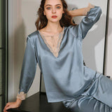 19 Momme Long Sleeved Silk Nightwear for Women lace v-neck silk loungewear -  slipintosoft