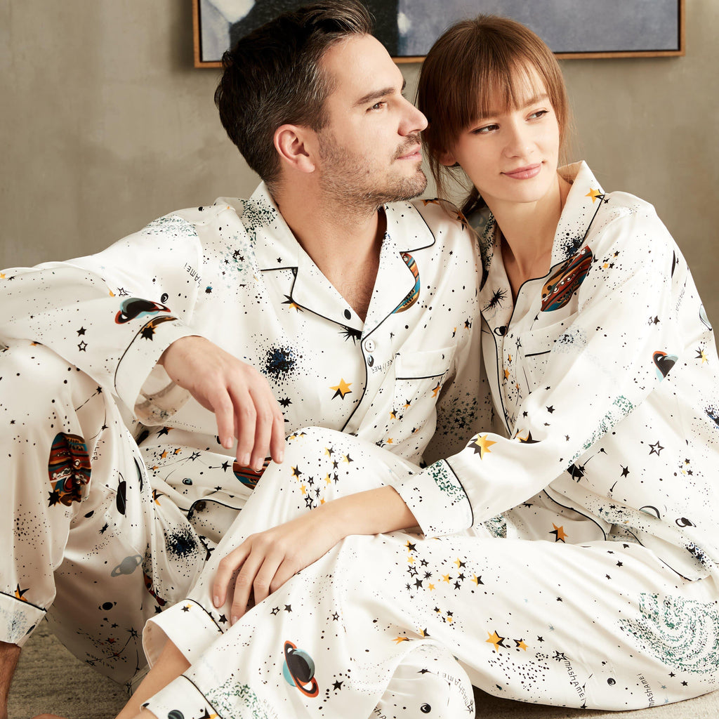 Long Printed Silk Pajamas Sets for Couple Silk Matching Pajamas ...