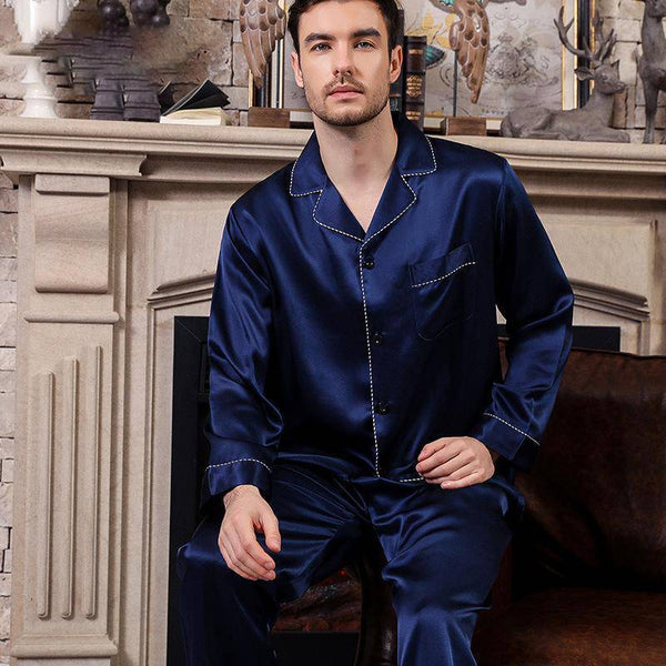 Blue Long Best Mens Silk Pajamas Set Most Comfortable Silk Sleepwear P ...