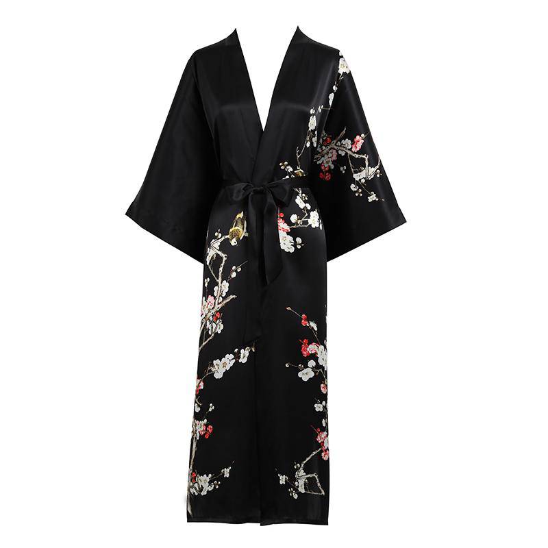 Long Silk Kimono for Women Cherry Blossom Printing Ladies Luxury Mulbe