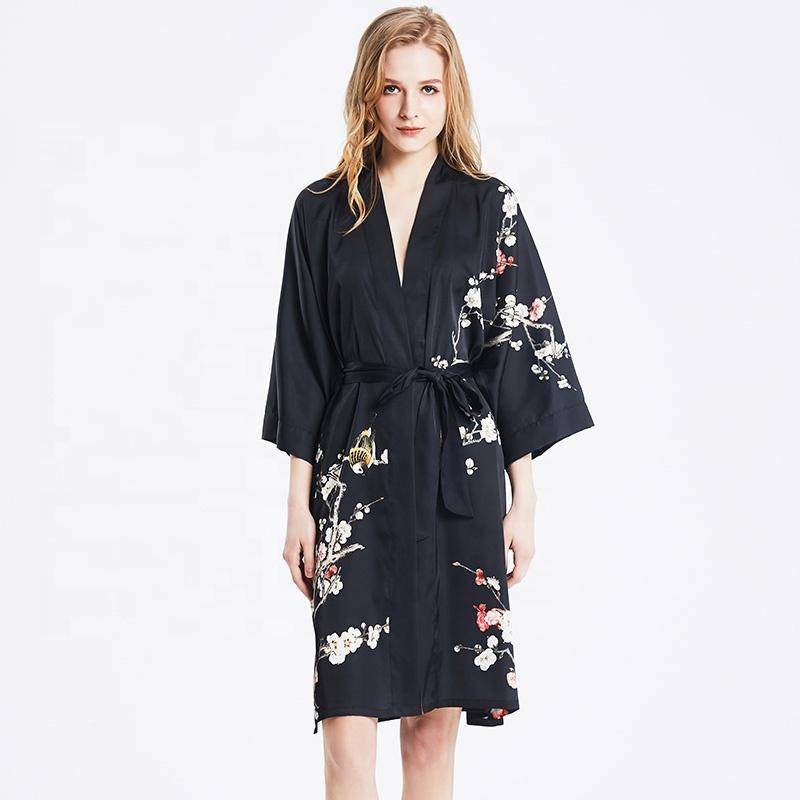 Short Silk Kimono Robe Women's Cherry Blossom Silk Dressing Gown For W