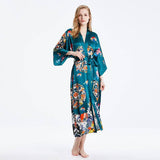 Ladies' 100% Long Silk Kimono Robes with Belt Floral Printed Nightwear for Women