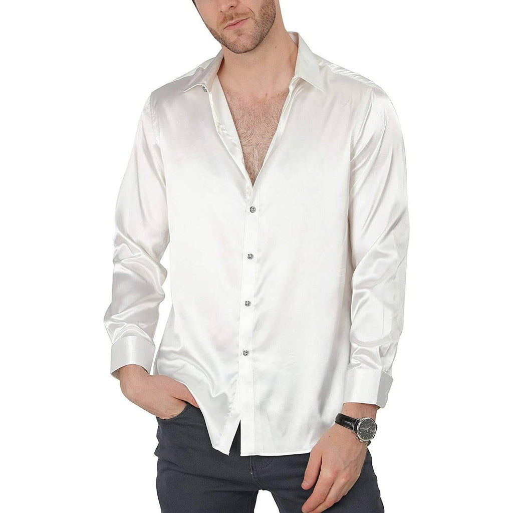 Men's Luxury Silk Dress Shirt Slim Fit Silk Casual Dance Party Long Sl