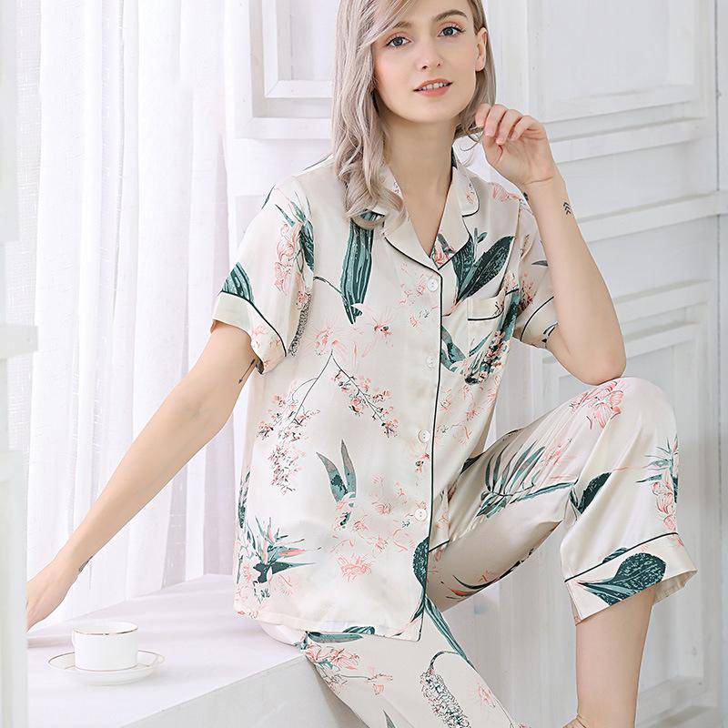 White Silk Pajamas Set for Women with Pocket Forest Prints Ankle Lengt