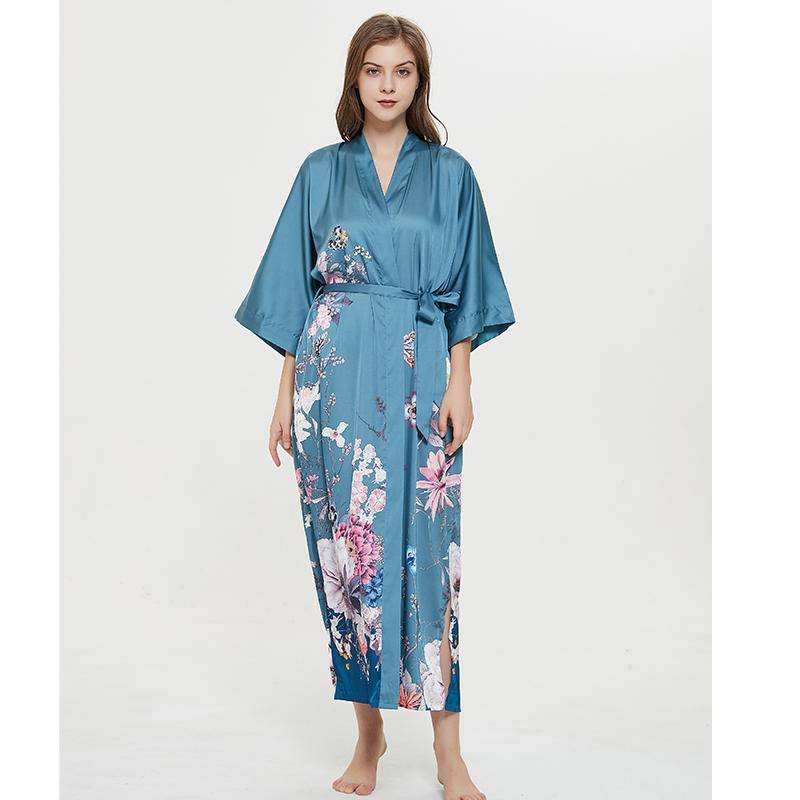 de seda 100 % para mujer, bata azul con estampado floral, manga